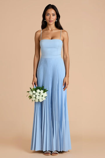 Sky Blue Pleated A Line Spaghetti Straps Maxi Bridesmaid Dress